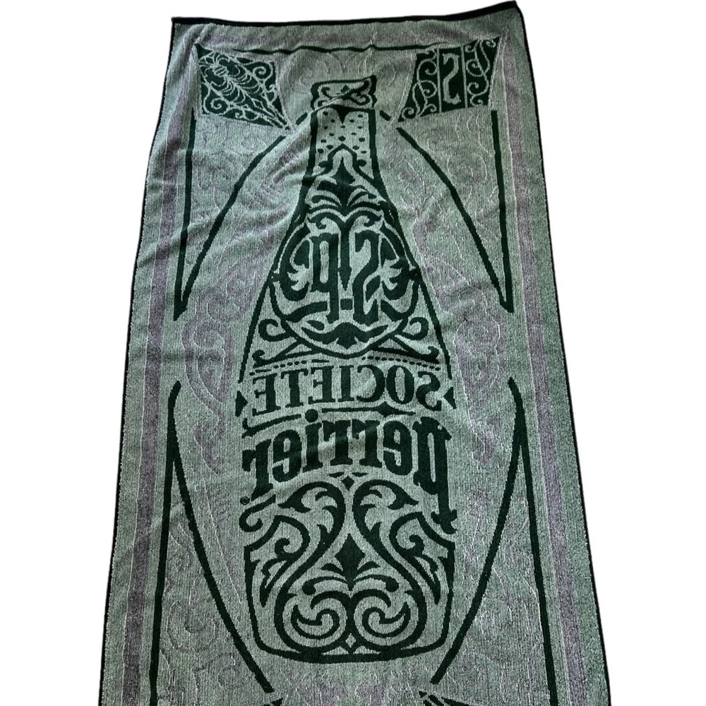Vintage Societe Perrier Green Black Bath Beach Towel Bottle Made USA 30” By 66”